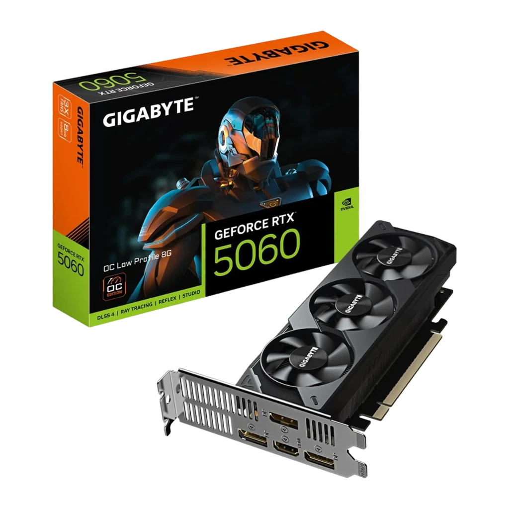 Gigabyte GeForce RTX 5060 OC Low Profile 8GB GDDR7 negro, vista frontal: tres ventiladores con logo Gigabyte y conector PCIe - Ítem2