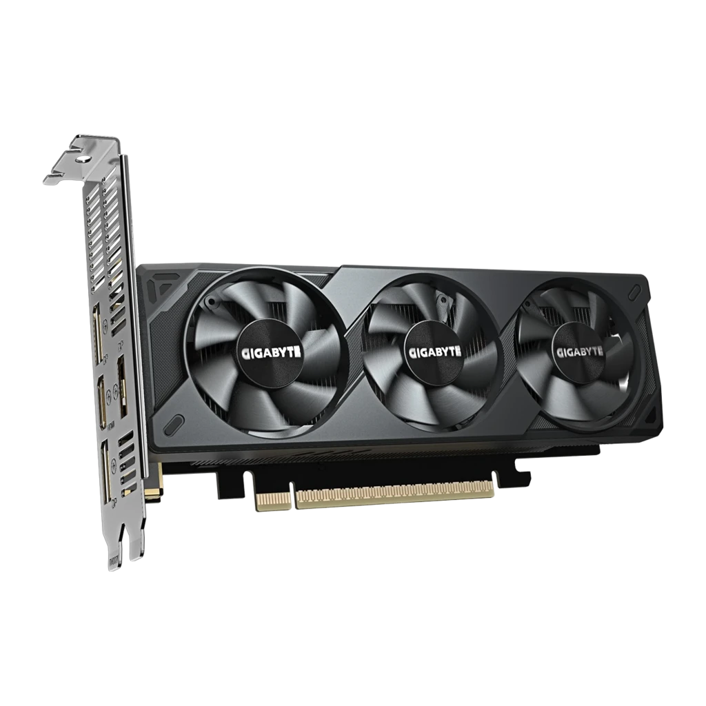Gigabyte GeForce RTX 5060 OC Low Profile 8GB GDDR7 negro, vista frontal: tres ventiladores con logo Gigabyte y conector PCIe - Ítem1