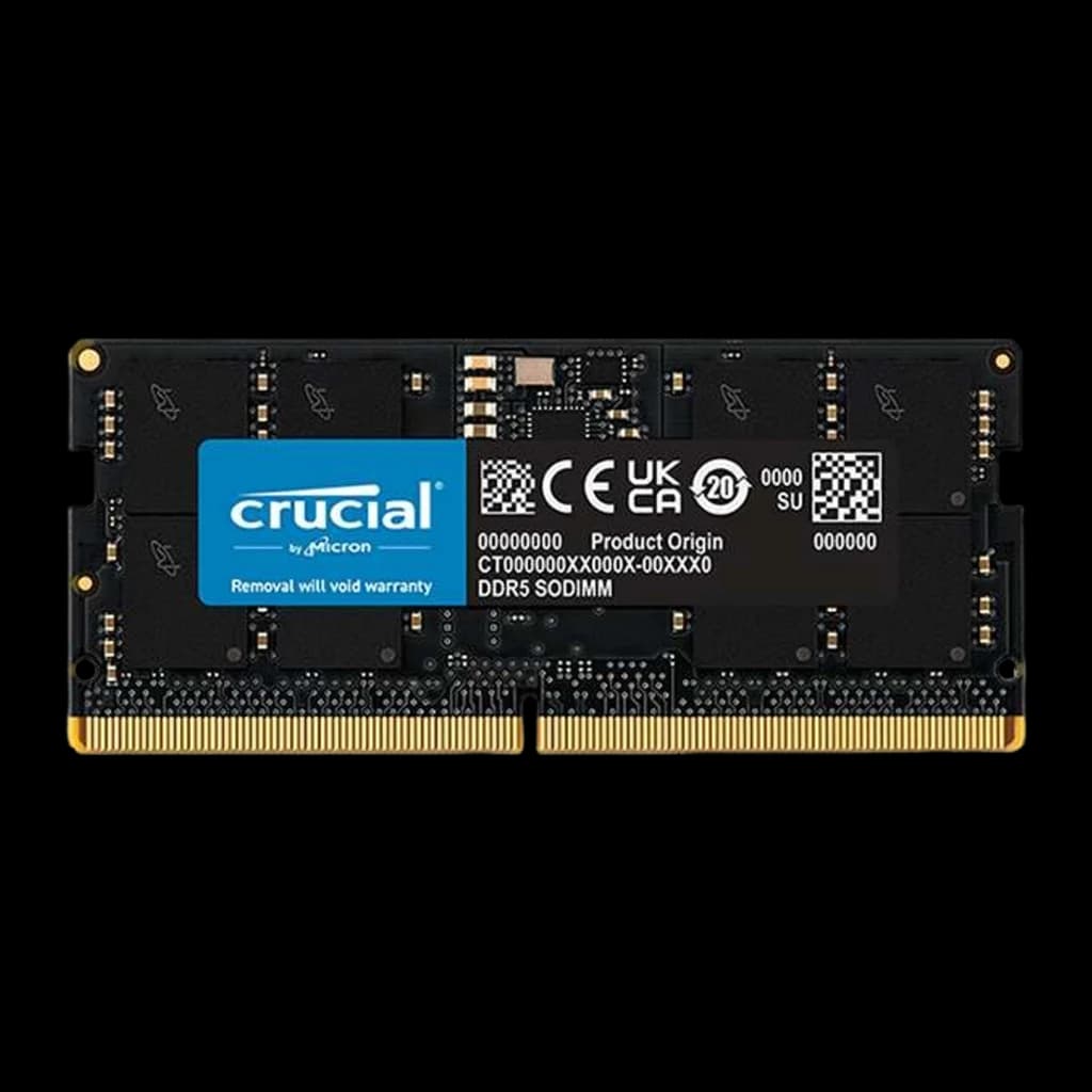 Crucial RAM DDR5 5600MHz 32GB SODIMM CL46 noir, vue de face: PCB noir avec étiquette bleue Crucial et contacts dorés
