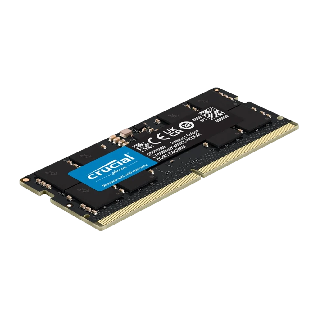 Crucial RAM DDR5 5600MHz 32GB SODIMM CL46 preto, vista frontal: PCB preto com etiqueta azul Crucial e contactos dourados - Item2