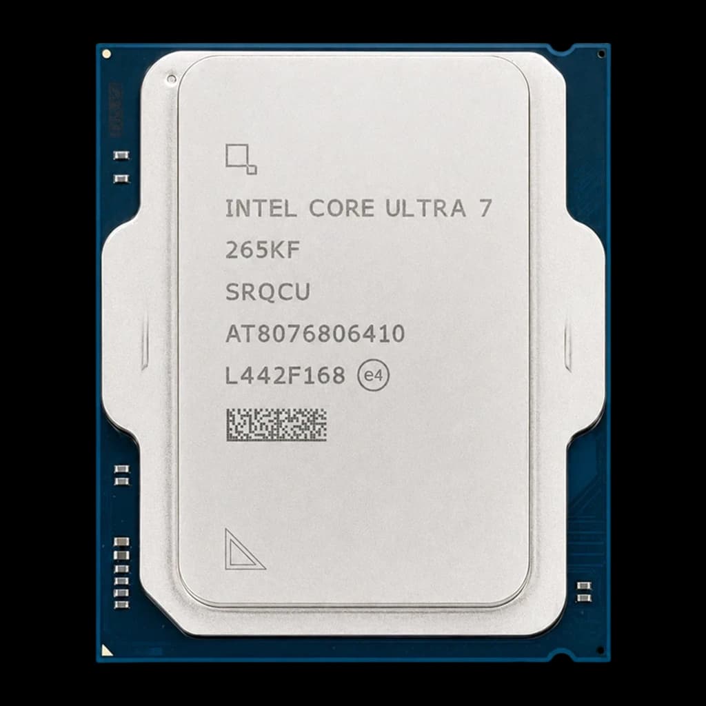 Procesador Intel Core Ultra 7 265KF plateado con cubierta metálica y serigrafía negra, encapsulado LGA1851 azul, bordes recortados y contactos expuestos en