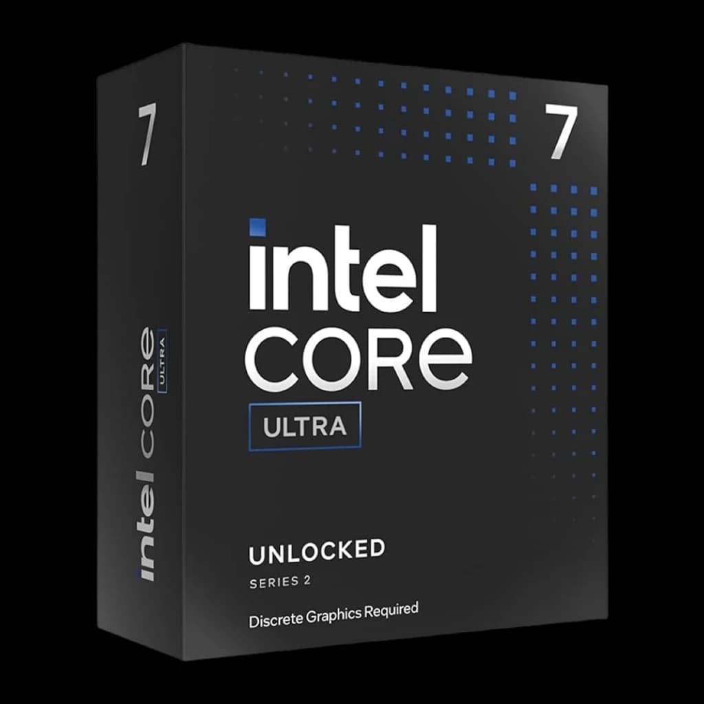 Intel Core Ultra 7 265KF LGA1851, caja en ángulo: packaging negro con logo Intel Core Ultra 7, Unlocked Series 2