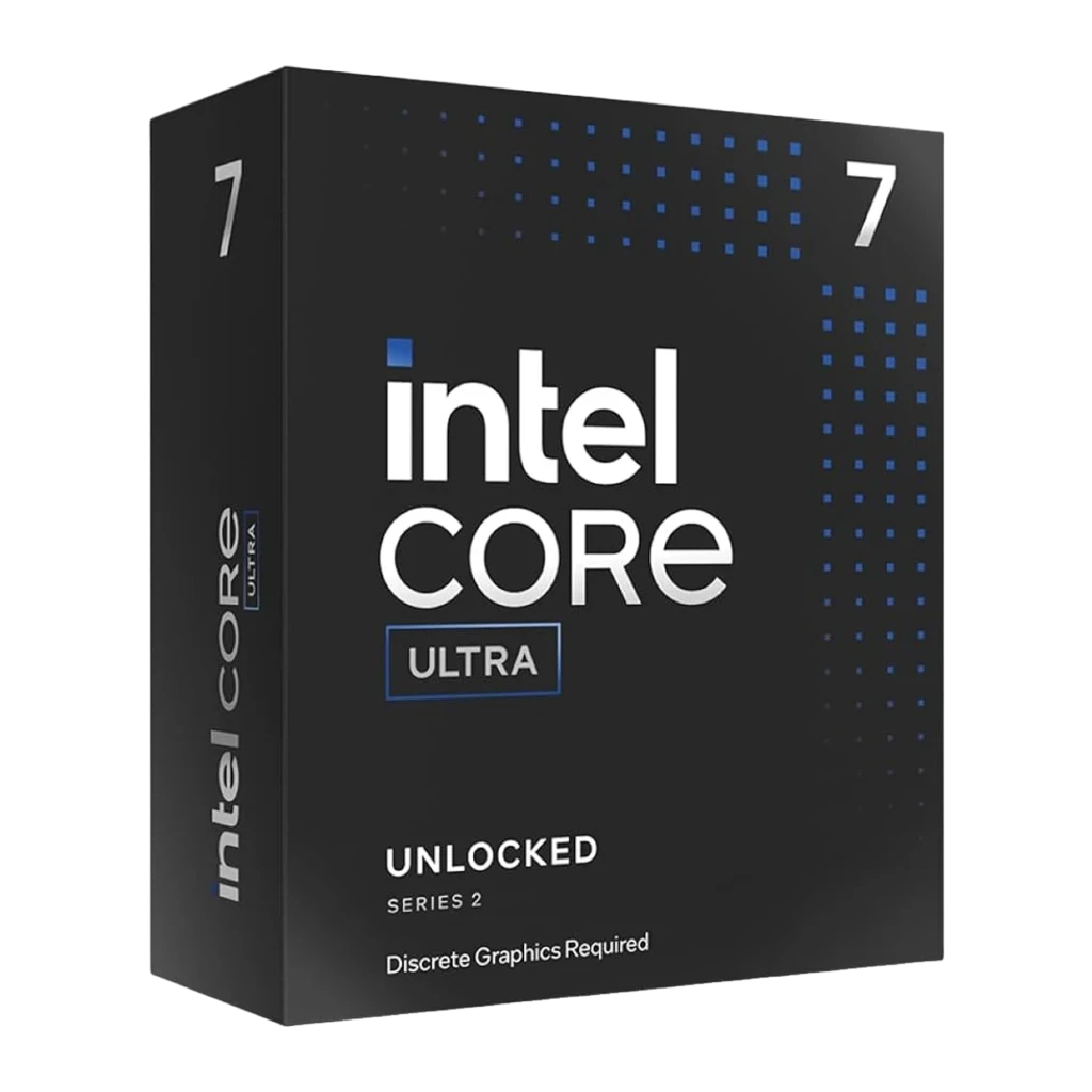 Boîte noire Intel Core Ultra série 2 avec grand logo intel CORE, mention Unlocked et motif de points bleus, chiffre 7 bien visible sur les bords - Ítem
