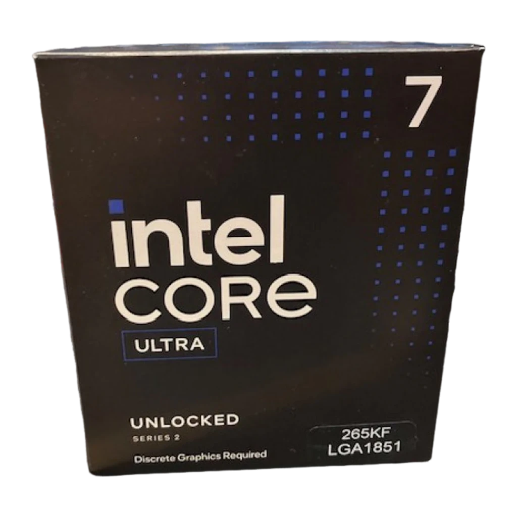 Boîte noire Intel Core Ultra série 2 avec grand logo intel CORE, mention Unlocked et motif de points bleus, chiffre 7 bien visible sur les bords - Ítem2