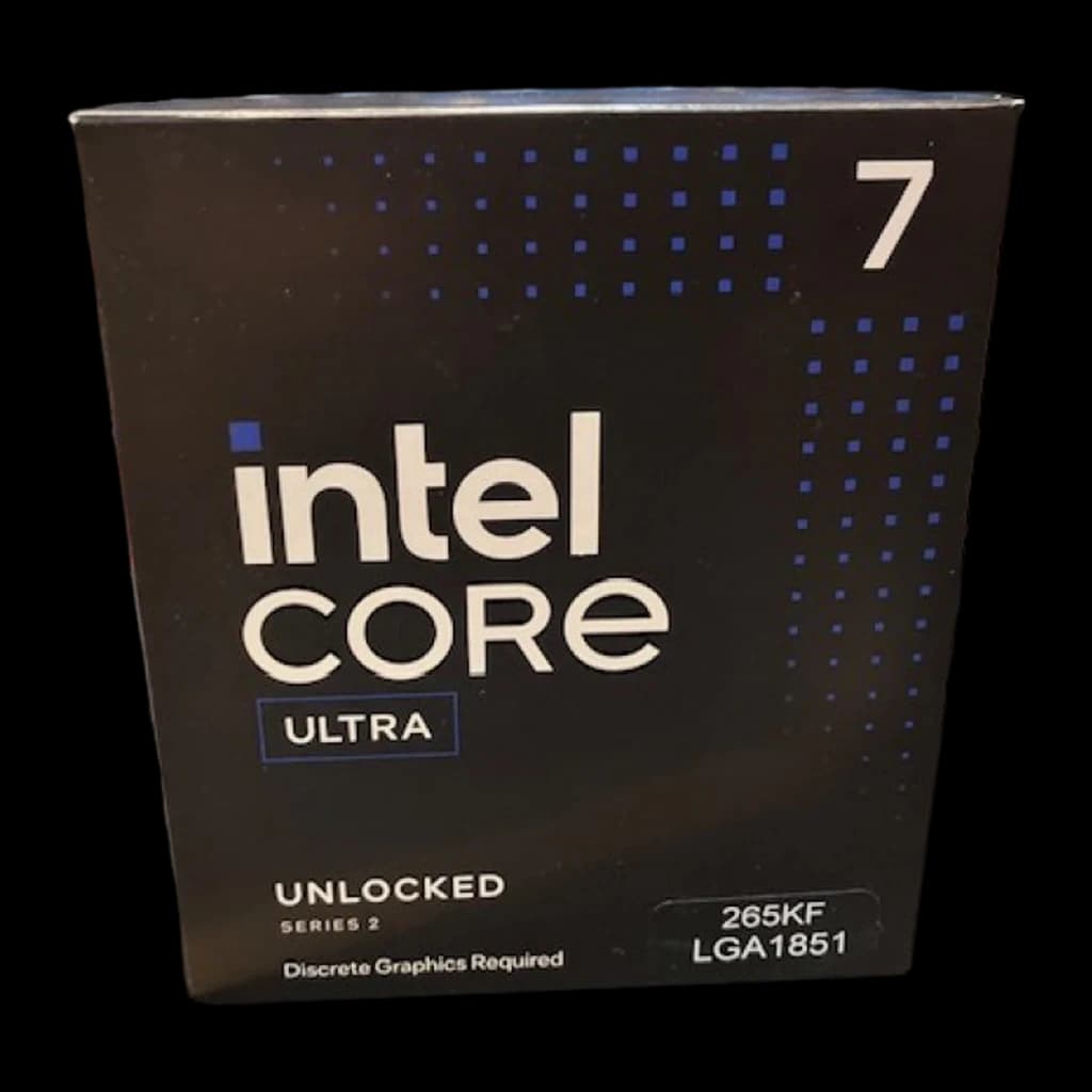 Intel Core Ultra 7 265KF LGA1851, frontal de caja: vista plana con referencia 265KF y socket LGA1851 visibles