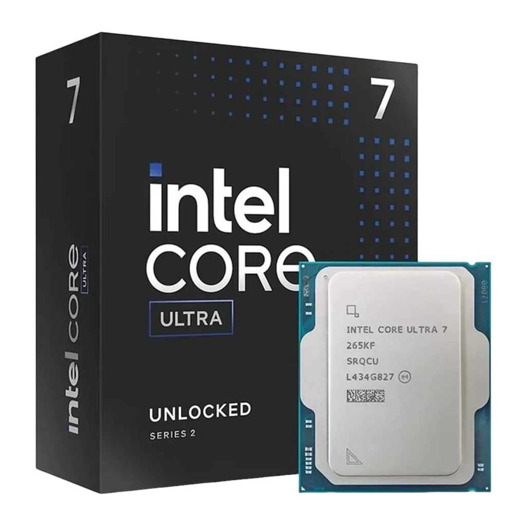 Boîte noire Intel Core Ultra série 2 avec grand logo intel CORE, mention Unlocked et motif de points bleus, chiffre 7 bien visible sur les bords - Ítem3