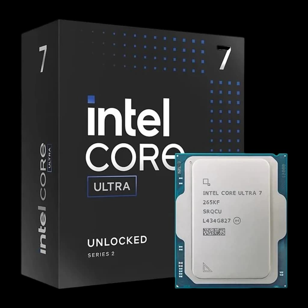 Intel Core Ultra 7 265KF LGA1851, conjunto caja y procesador: packaging negro junto al chip con IHS plateado y PCB azul