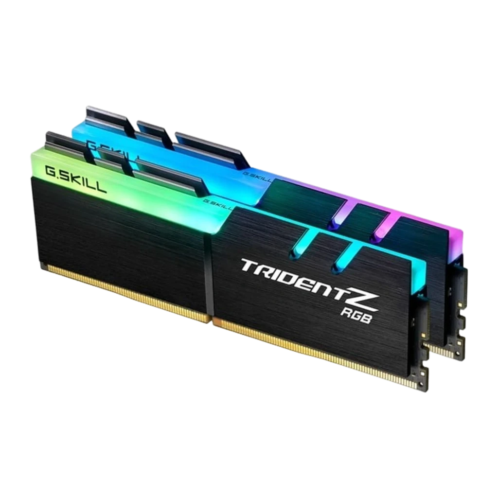 G.Skill Trident Z RGB 16GB preto, vista frontal escalonada: dois módulos DDR4 com iluminação RGB multicolor no dissipador - Item1