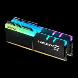 G.Skill Trident Z RGB 16GB preto, vista lateral em ângulo: dois módulos DDR4 empilhados com logo Trident Z RGB e tira RGB no