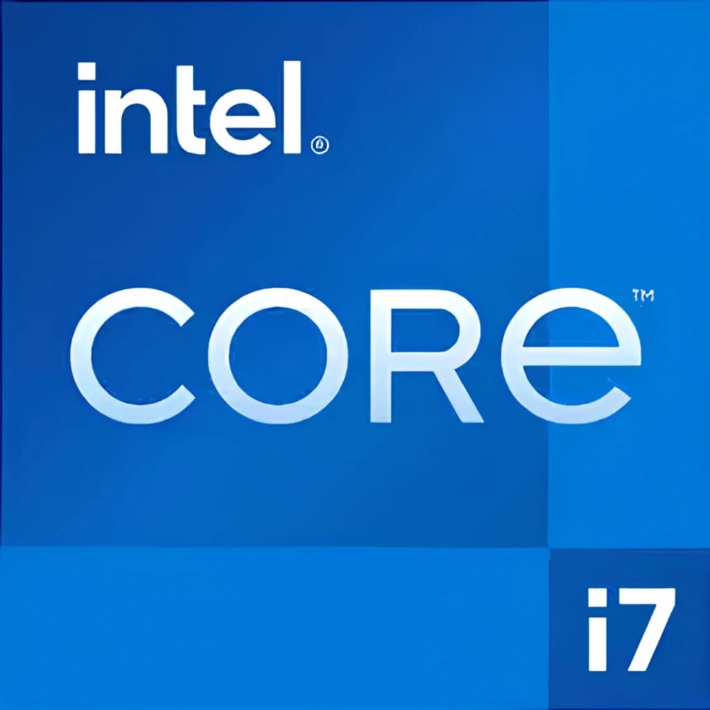 Logo Intel Core i7 sur fond bleu avec typographie blanche nette et carré i7 en bas à droite, style moderne signalant la gamme processeur hautes performances