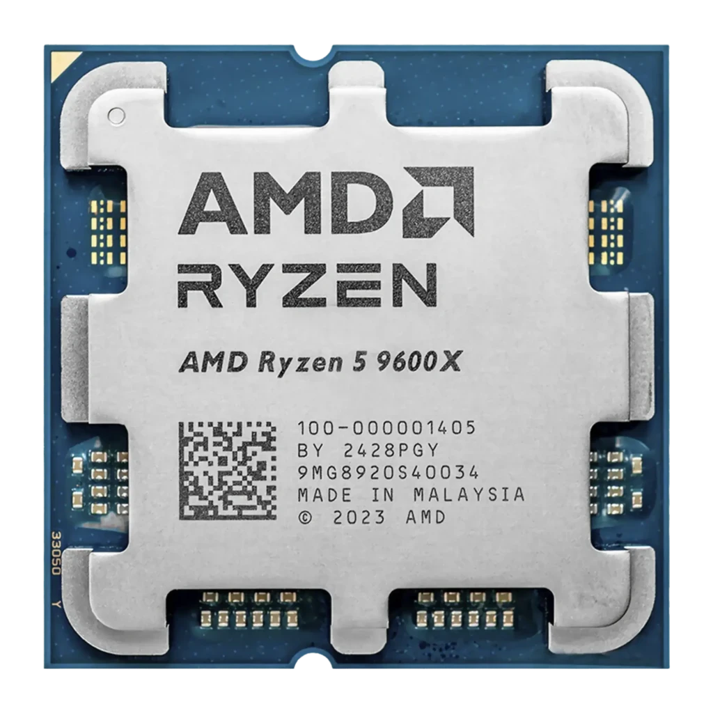 AMD Ryzen 5 9600X AM5, vue de face: IHS argenté avec logo AMD Ryzen et contacts dorés sur PCB bleu - Ítem1