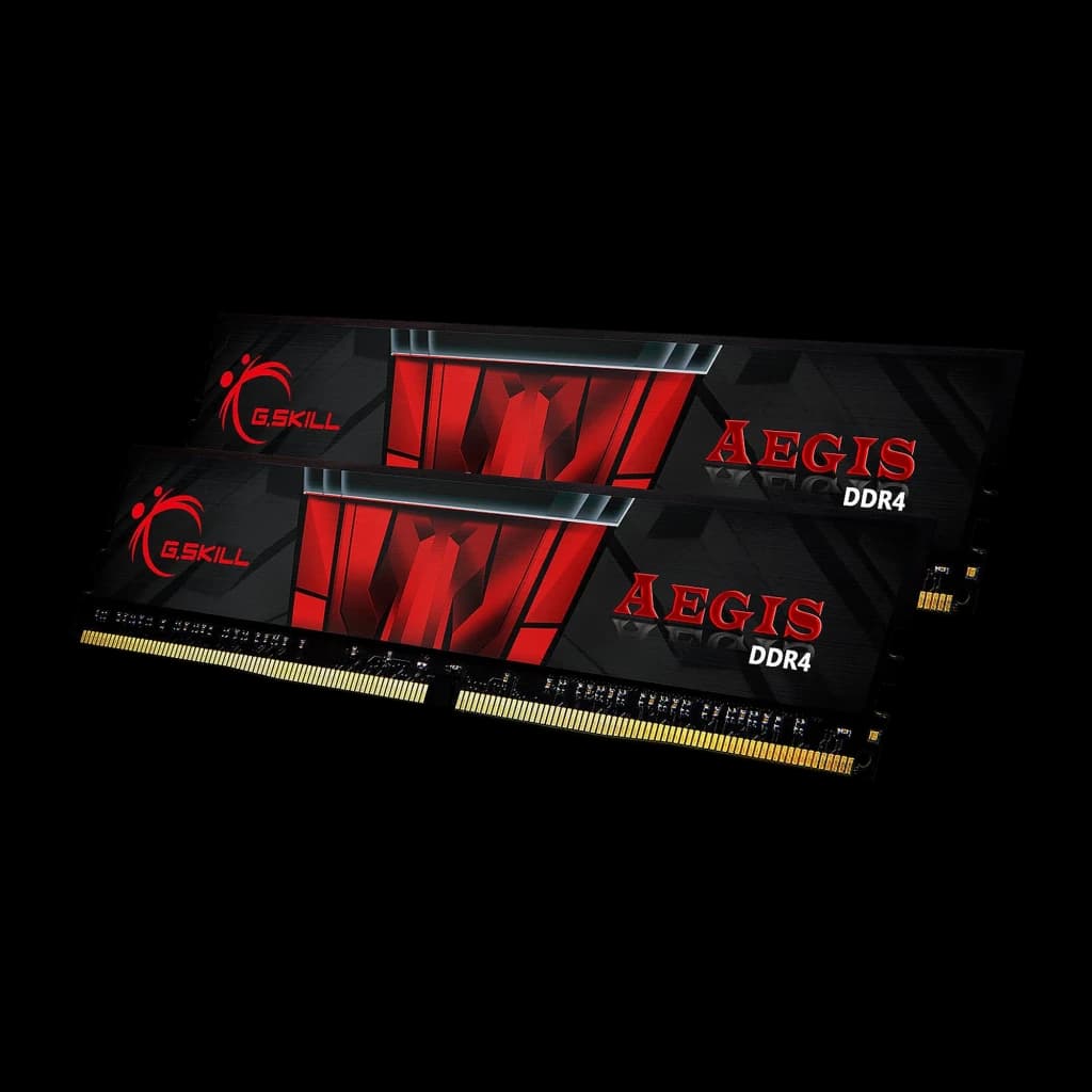 G.Skill Aegis DDR4 3200MHz 32GB negro, vista principal: dos módulos en ángulo con disipador rojo y contactos dorados visibles