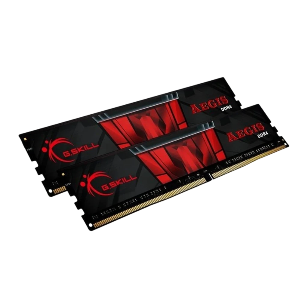 G.Skill Aegis DDR4 3200MHz 32GB noir, vue principale: deux modules en angle avec dissipateur rouge et contacts dorés visibles - Ítem1