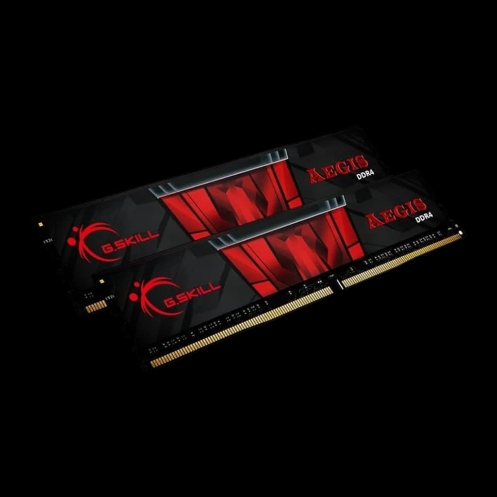 G.Skill Aegis DDR4 3200MHz 32GB negro, vista lateral: dos módulos apilados en ángulo bajo mostrando logo G.Skill y diseño