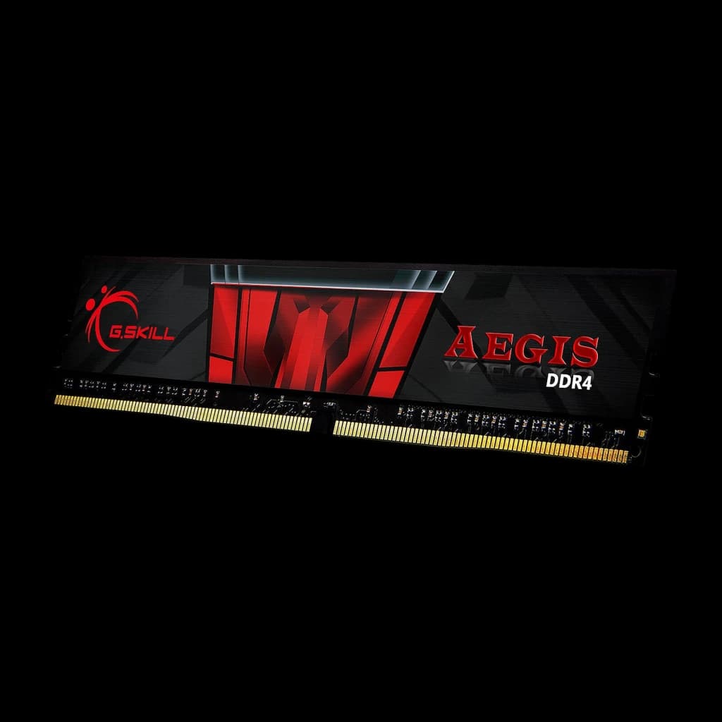 G.Skill Aegis DDR4 3200MHz 32GB negro, vista individual: un solo módulo en ángulo con disipador rojo Aegis DDR4 y contactos