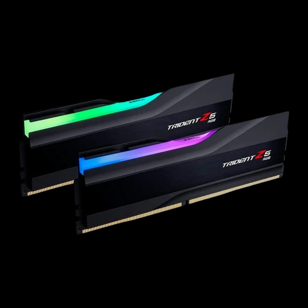 G.Skill Trident Z5 RGB DDR5 32GB Noir, vue en perspective: deux barrettes RAM avec éclairage RGB et dissipateur noir brossé