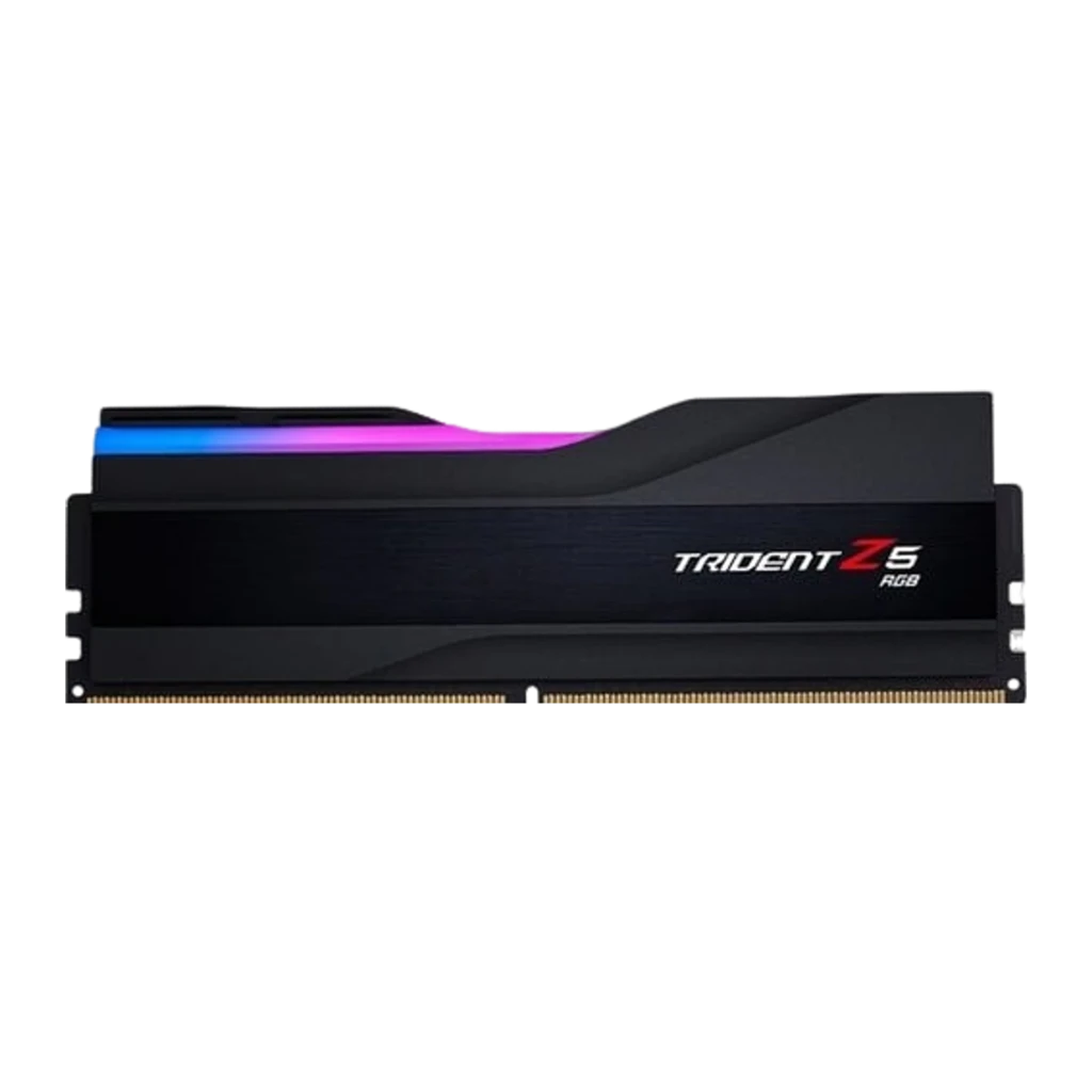 G.Skill Trident Z5 RGB DDR5 32GB Noir, vue en perspective: deux barrettes RAM avec éclairage RGB et dissipateur noir brossé - Ítem1