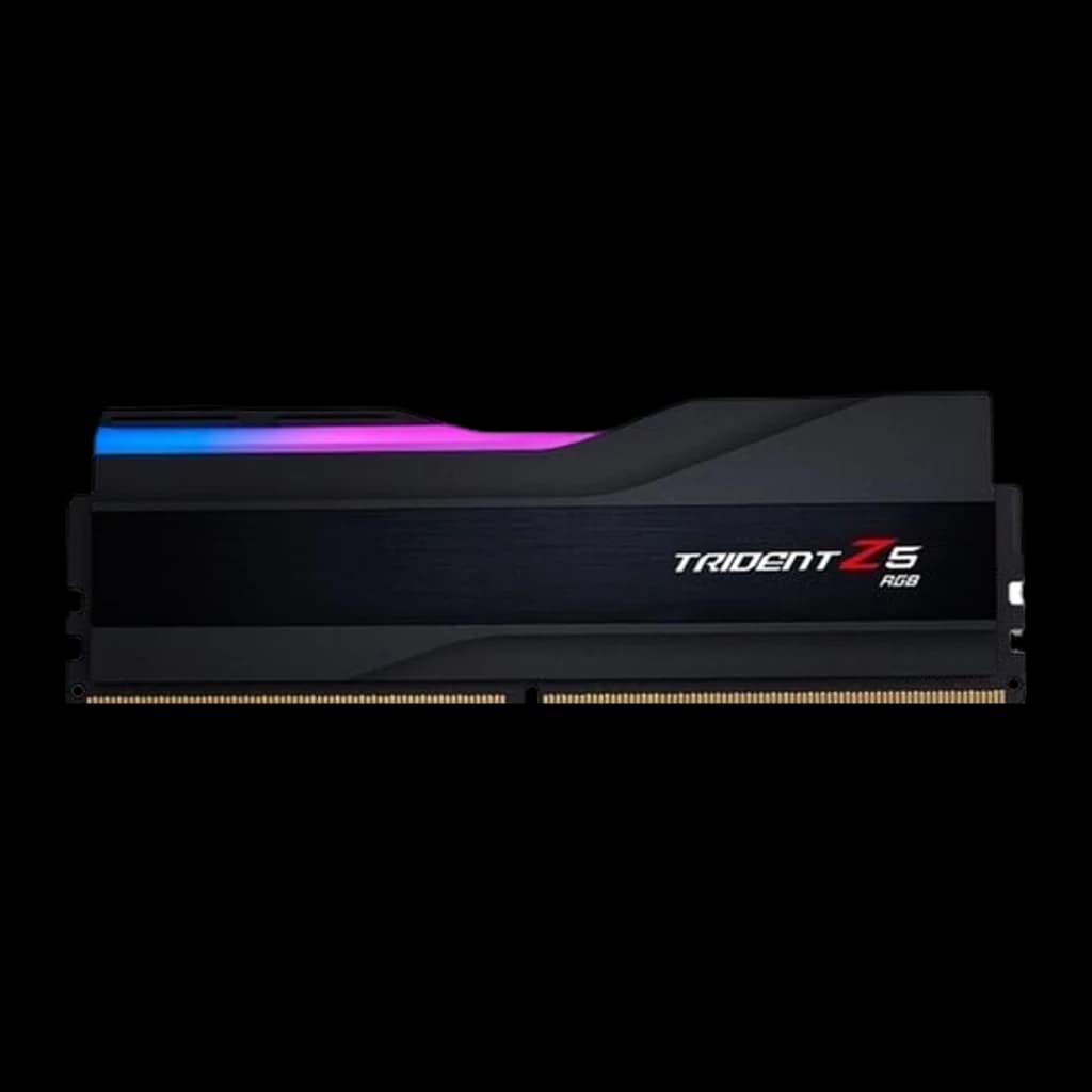 G.Skill Trident Z5 RGB DDR5 32GB Noir, vue latérale frontale: une barrette RAM avec bande RGB bleu-rose et logo Trident Z5