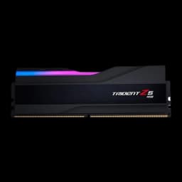 G.Skill Trident Z5 RGB DDR5 32GB Noir, vue latérale frontale: une barrette RAM avec bande RGB bleu-rose et logo Trident Z5