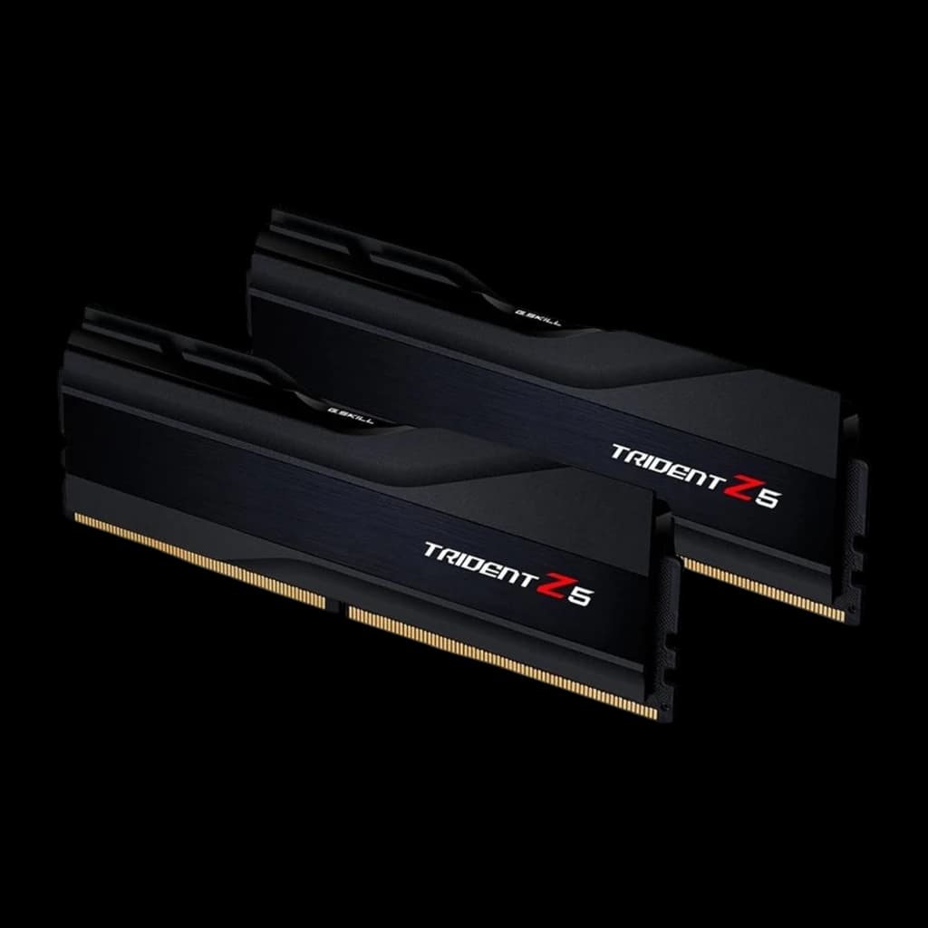 G.Skill Trident Z5 DDR5 32GB Preto, vista em perspectiva: dois módulos escalonados com logo vermelho e contatos dourados