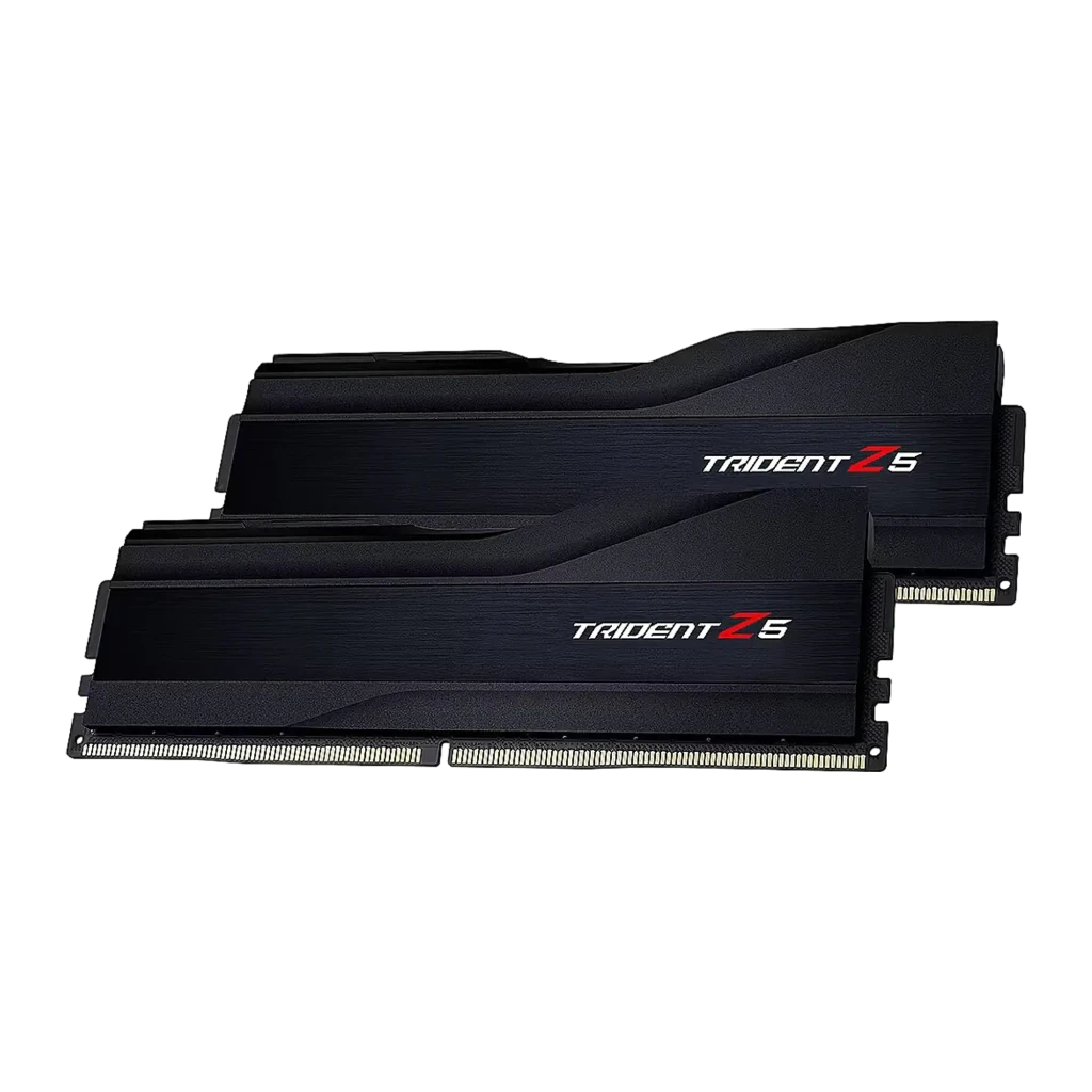 G.Skill Trident Z5 DDR5 32GB Noir, vue en perspective: deux modules décalés avec logo rouge et contacts dorés visibles - Ítem1
