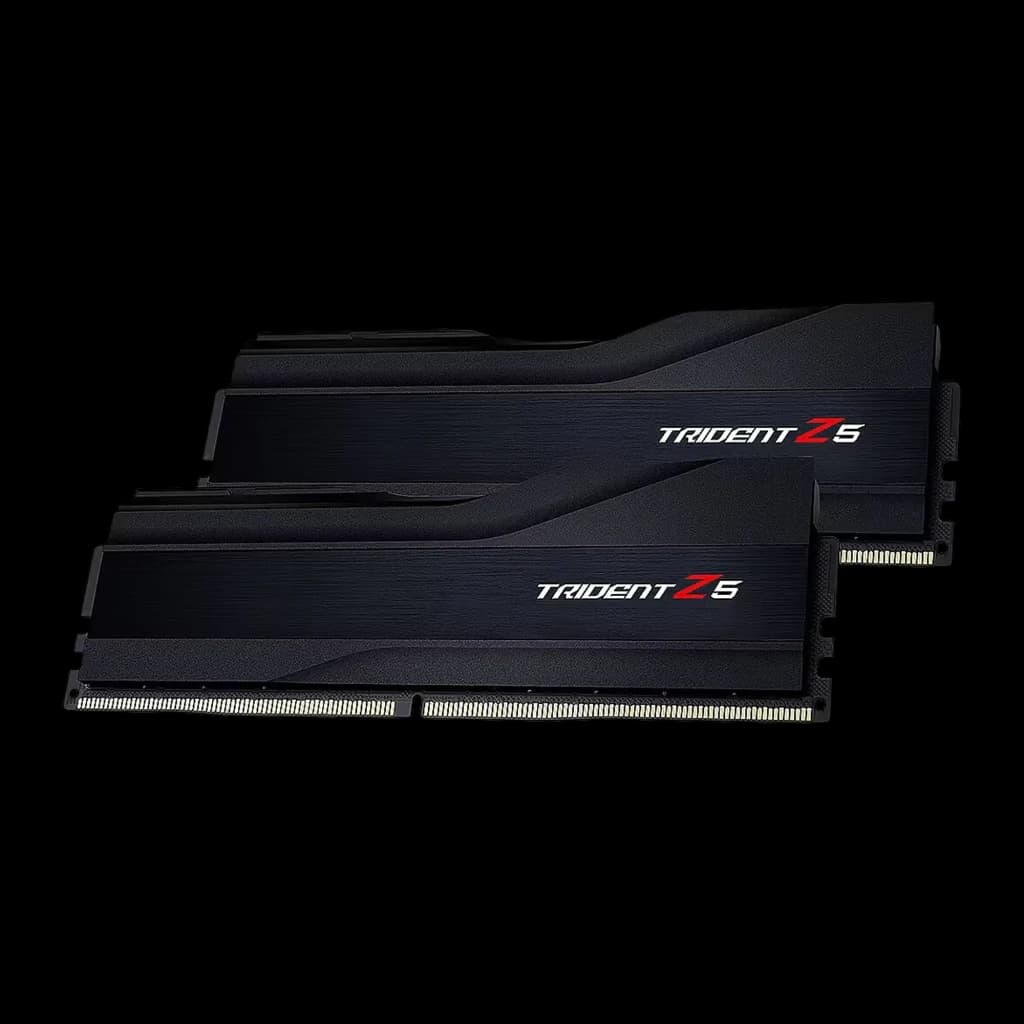 G.Skill Trident Z5 DDR5 32GB Preto, vista lateral baixa: dois módulos com dissipador ranhurado e contatos DDR5 em primeiro