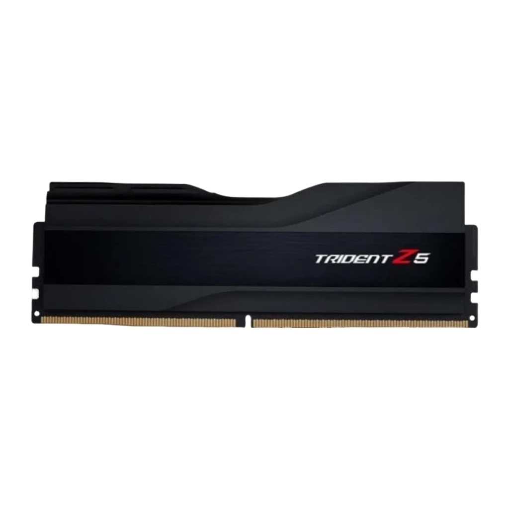 G.Skill Trident Z5 DDR5 32GB Noir, vue en perspective: deux modules décalés avec logo rouge et contacts dorés visibles - Ítem2