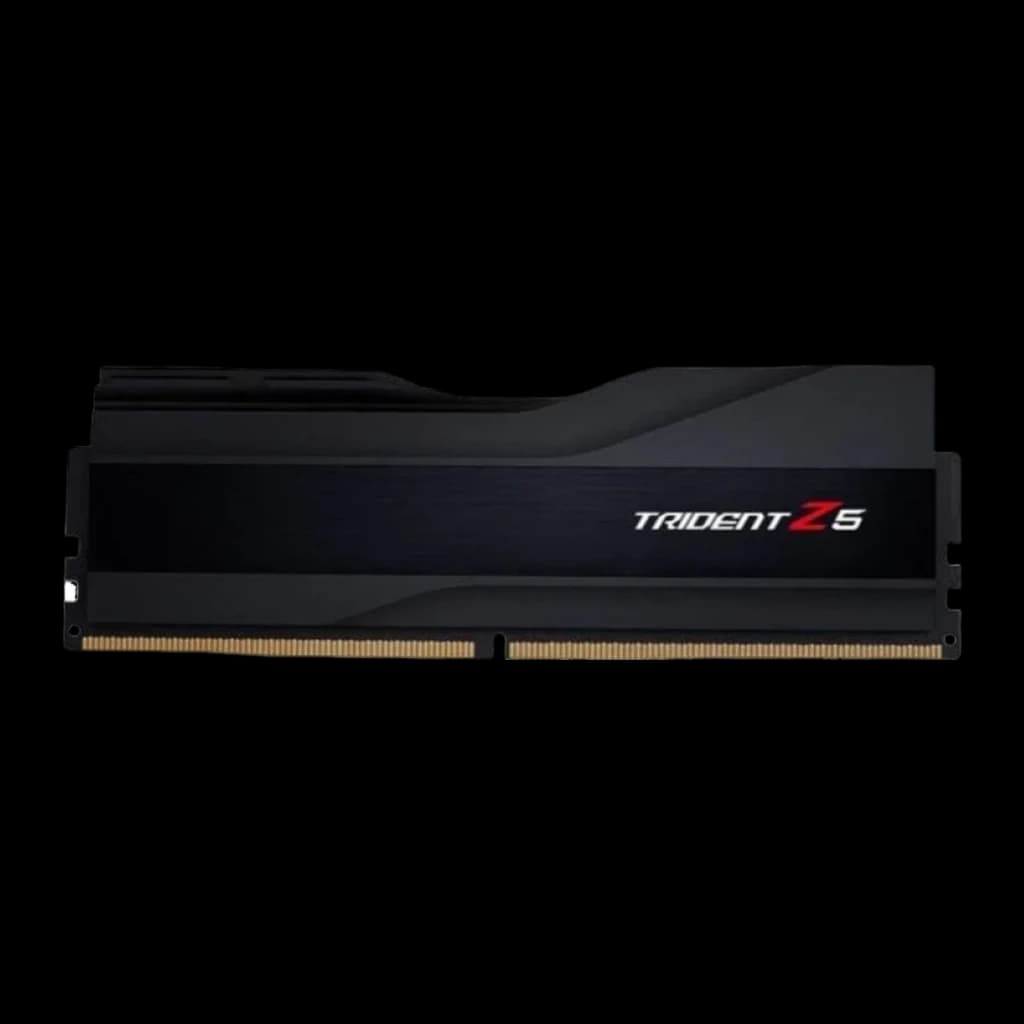 G.Skill Trident Z5 DDR5 32GB Preto, vista frontal plana: módulo único com dissipador escovado, logo vermelho e contatos