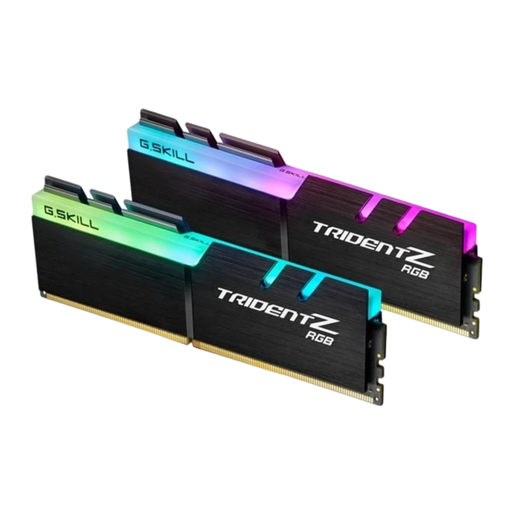 G.Skill Trident Z RGB for AMD 16GB preto, vista frontal: 2 módulos DDR4 em ângulo, iluminação RGB na parte superior - Item1