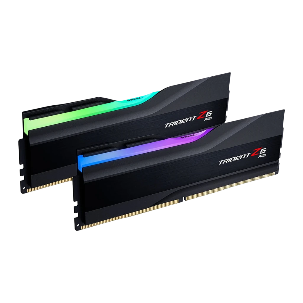 G.Skill Trident Z5 RGB 32GB DDR5 5600 CL36 noir, vue de face: deux modules empilés avec éclairage RGB multicolore sur la - Ítem1