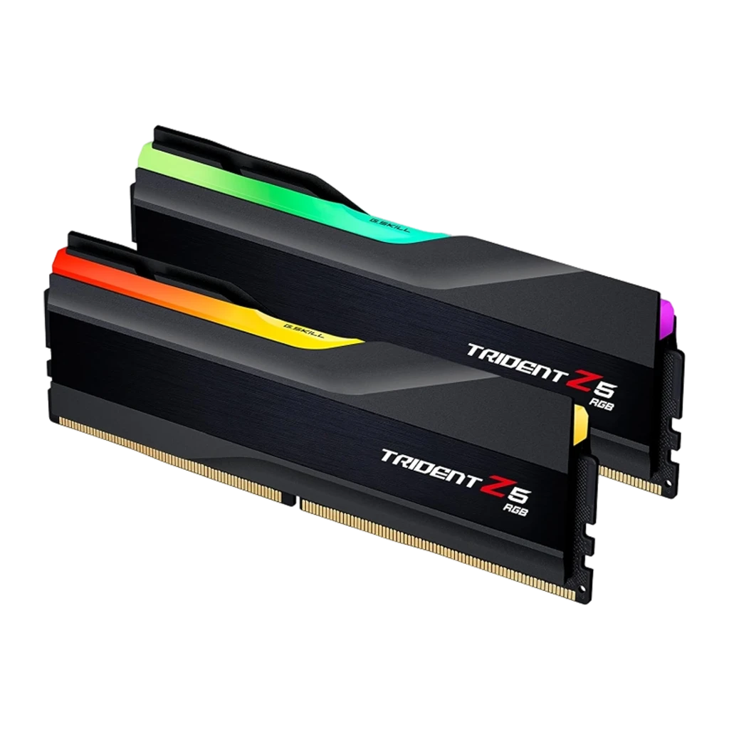 G.Skill Trident Z5 RGB 32GB DDR5 5600 CL36 noir, vue de face: deux modules empilés avec éclairage RGB multicolore sur la - Ítem3