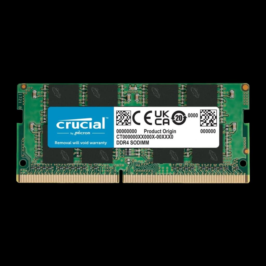 Crucial Basics DDR4 3200MHz 8GB SO-DIMM, vue de face: PCB vert, étiquette bleue Crucial et puces noires visibles