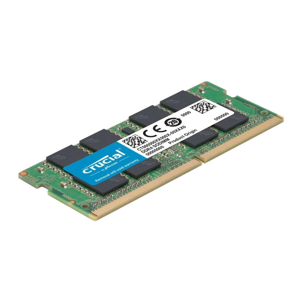 Crucial Basics DDR4 3200MHz 8GB SO-DIMM, vista frontal: PCB verde, etiqueta azul Crucial e chips pretos visíveis - Item1