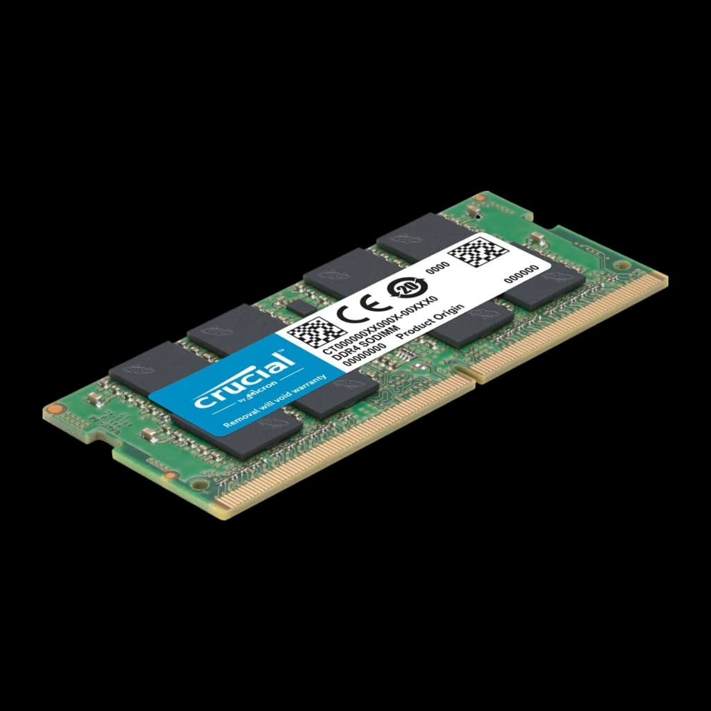 Crucial Basics DDR4 3200MHz 8GB SO-DIMM, vue en perspective couchée: module incliné avec puces et connecteur doré