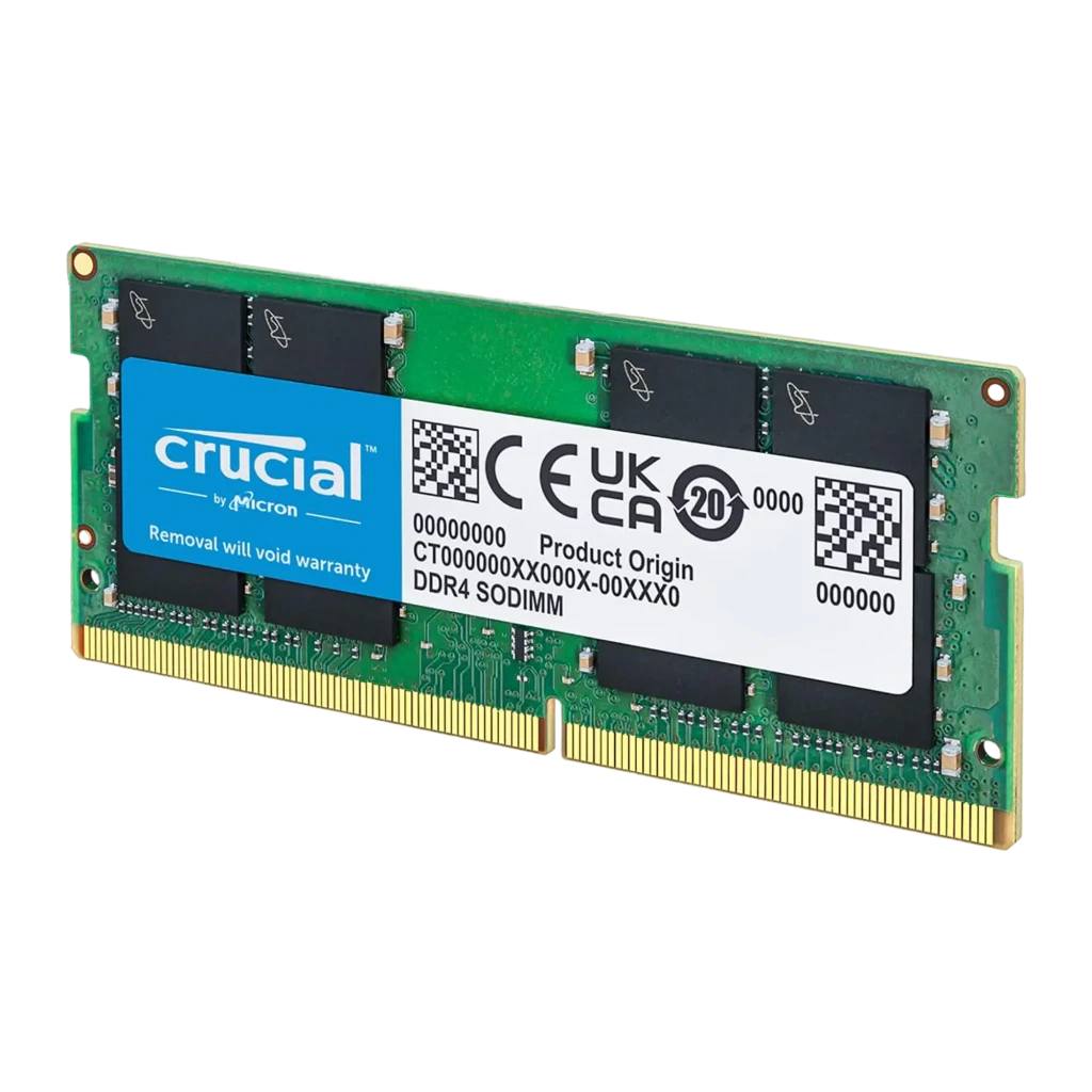 Crucial Basics DDR4 3200MHz 8GB SO-DIMM, vista frontal: PCB verde, etiqueta azul Crucial e chips pretos visíveis - Item2