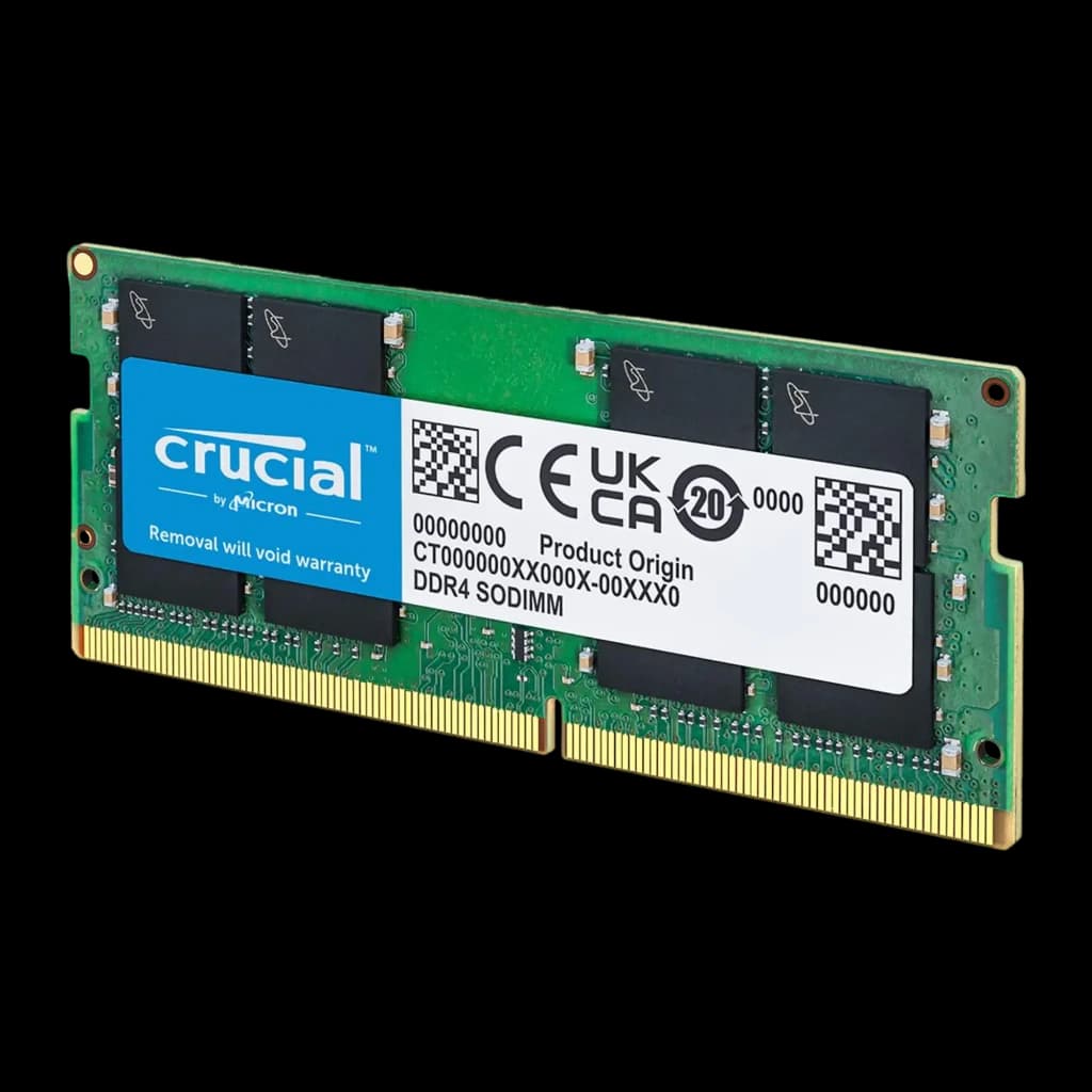 Crucial Basics DDR4 3200MHz 8GB SO-DIMM, vue en perspective verticale: module debout avec étiquette et côté PCB vert