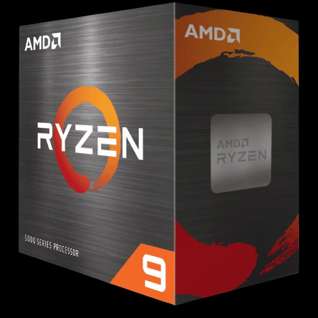 Caja AMD Ryzen 9 5900XT con diseño gris cepillado y acentos naranja; logo Ryzen grande y ventana lateral mostrando el chip AM4 Tray de 16 núcleos