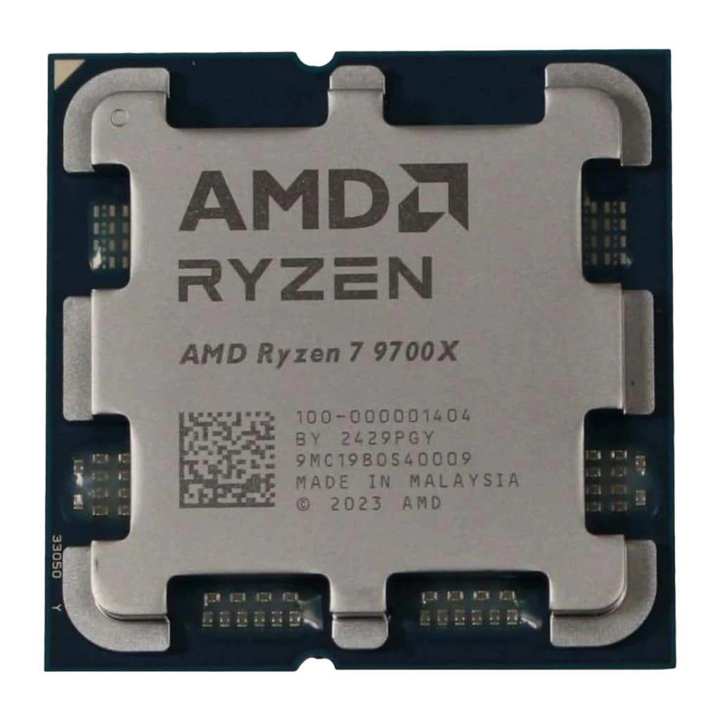 AMD Ryzen 7 9700X, vue dessus: IHS argenté avec logo AMD Ryzen gravé et étiquette Made in China - Ítem1