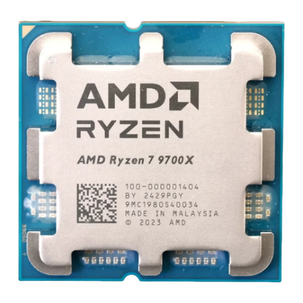 AMD Ryzen 7 9700X, vue dessus: IHS argenté avec logo AMD Ryzen gravé et étiquette Made in China - Ítem2