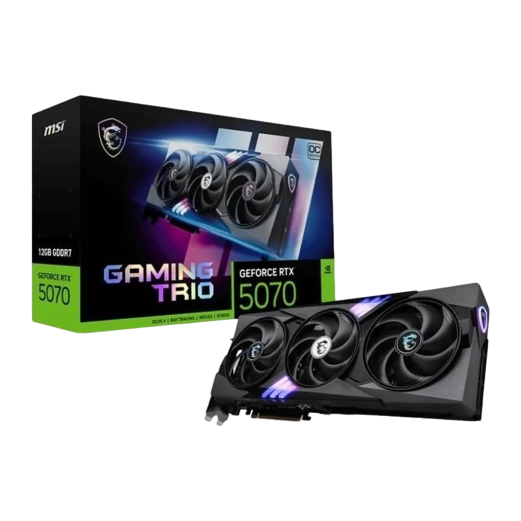 MSI GeForce RTX 5070 Gaming Trio OC 12GB negro, vista frontal en ángulo: tres ventiladores con logo dragón y RGB azul-morado - Ítem2