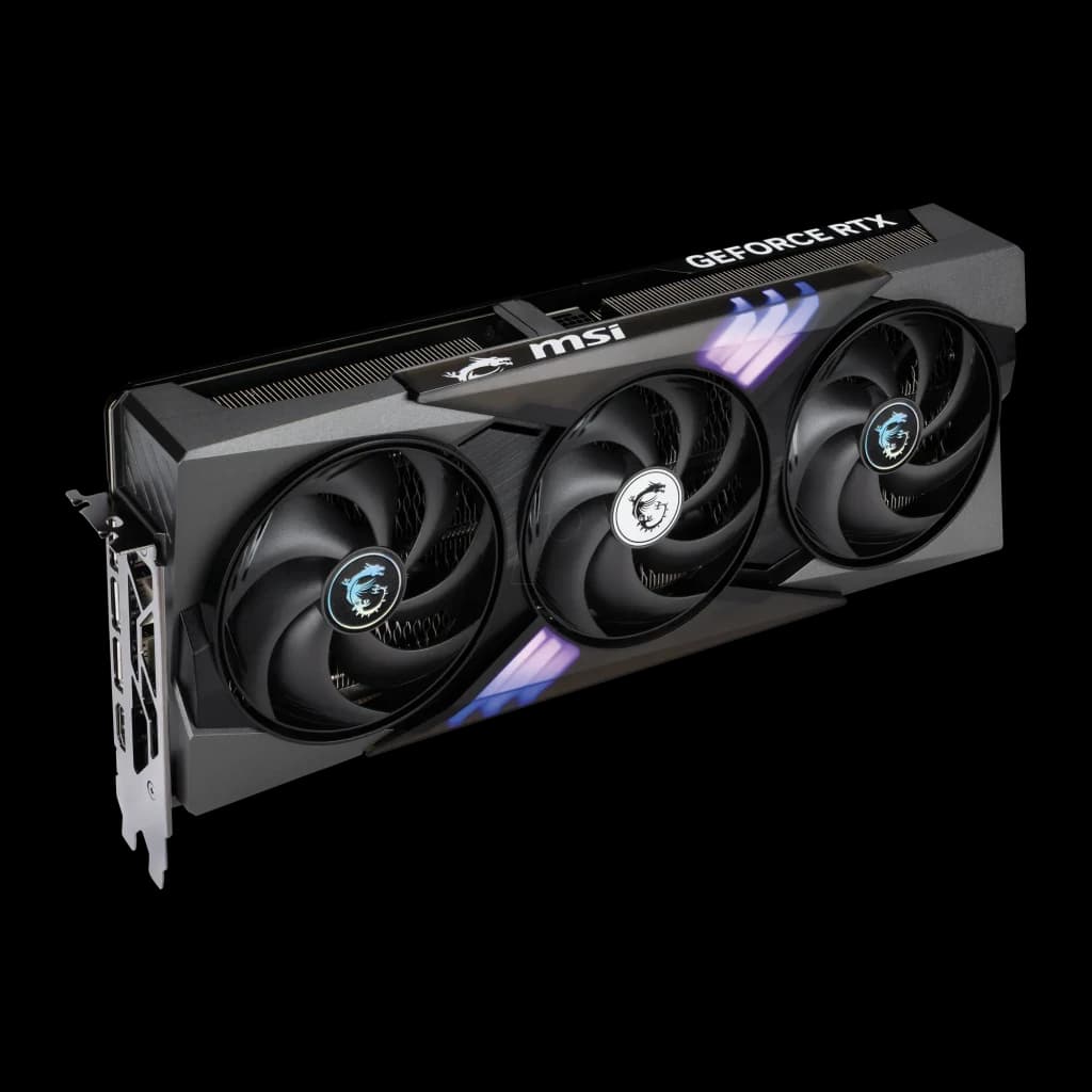 MSI GeForce RTX 5070 Gaming Trio OC 12GB negro, vista frontal en ángulo: tres ventiladores con logo dragón y RGB azul-morado