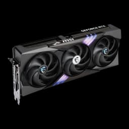 MSI GeForce RTX 5070 Gaming Trio OC 12GB negro, vista frontal en ángulo: tres ventiladores con logo dragón y RGB azul-morado