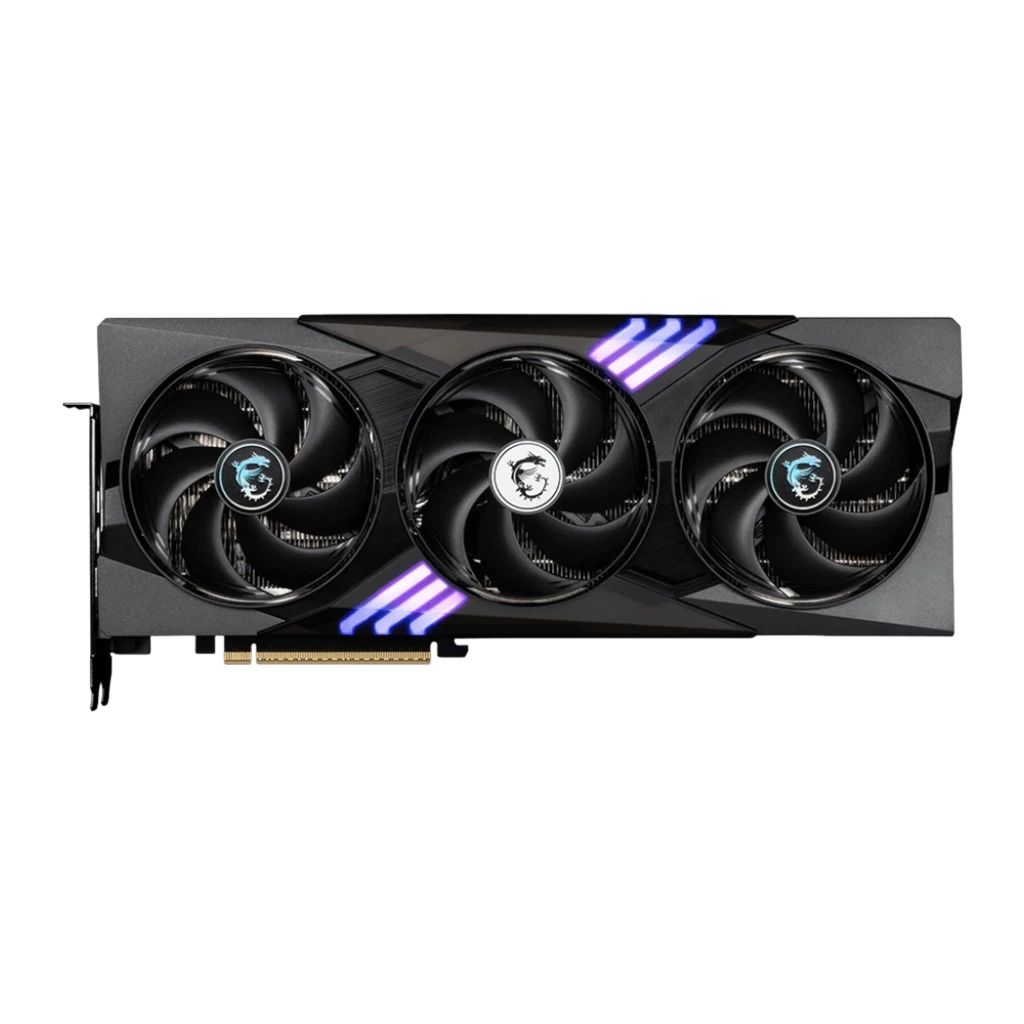 MSI GeForce RTX 5070 Gaming Trio OC 12GB negro, vista frontal en ángulo: tres ventiladores con logo dragón y RGB azul-morado - Ítem1