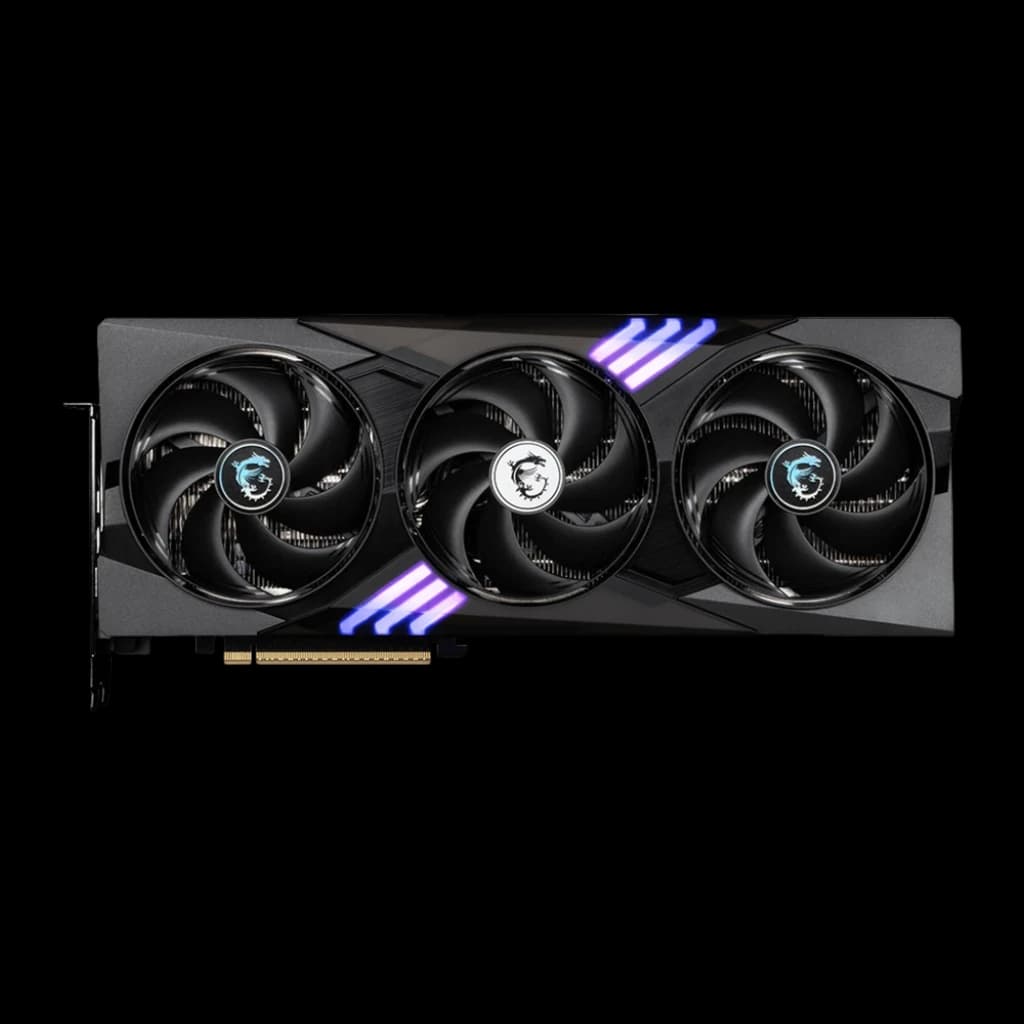 MSI GeForce RTX 5070 Gaming Trio OC 12GB negro, vista frontal plana: tres ventiladores, RGB morado en bordes y conector PCIe