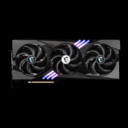 MSI GeForce RTX 5070 Gaming Trio OC 12GB negro, vista frontal plana: tres ventiladores, RGB morado en bordes y conector PCIe