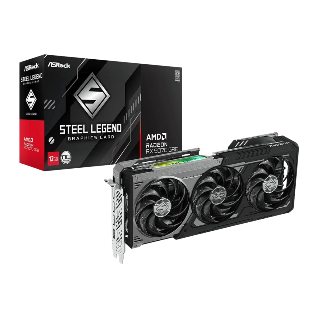 ASRock Radeon RX 9070 GRE Steel Legend OC 12GB, vista frontal en ángulo: tres ventiladores, iluminación RGB verde en shroud - Ítem4