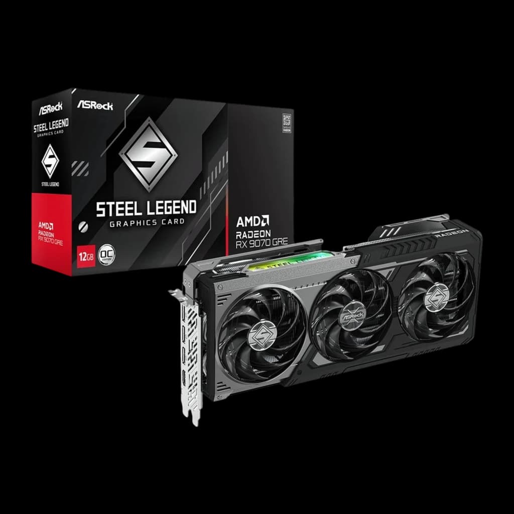 ASRock Radeon RX 9070 GRE Steel Legend OC 12GB, kit completo: tarjeta en ángulo frontal junto a caja Steel Legend 12GB OC