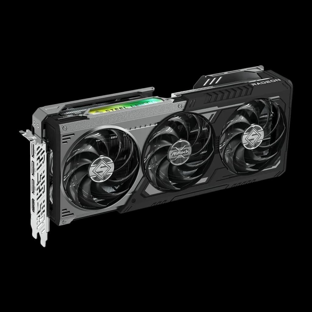 ASRock Radeon RX 9070 GRE Steel Legend OC 12GB, vista frontal en ángulo: tres ventiladores, iluminación RGB verde en shroud