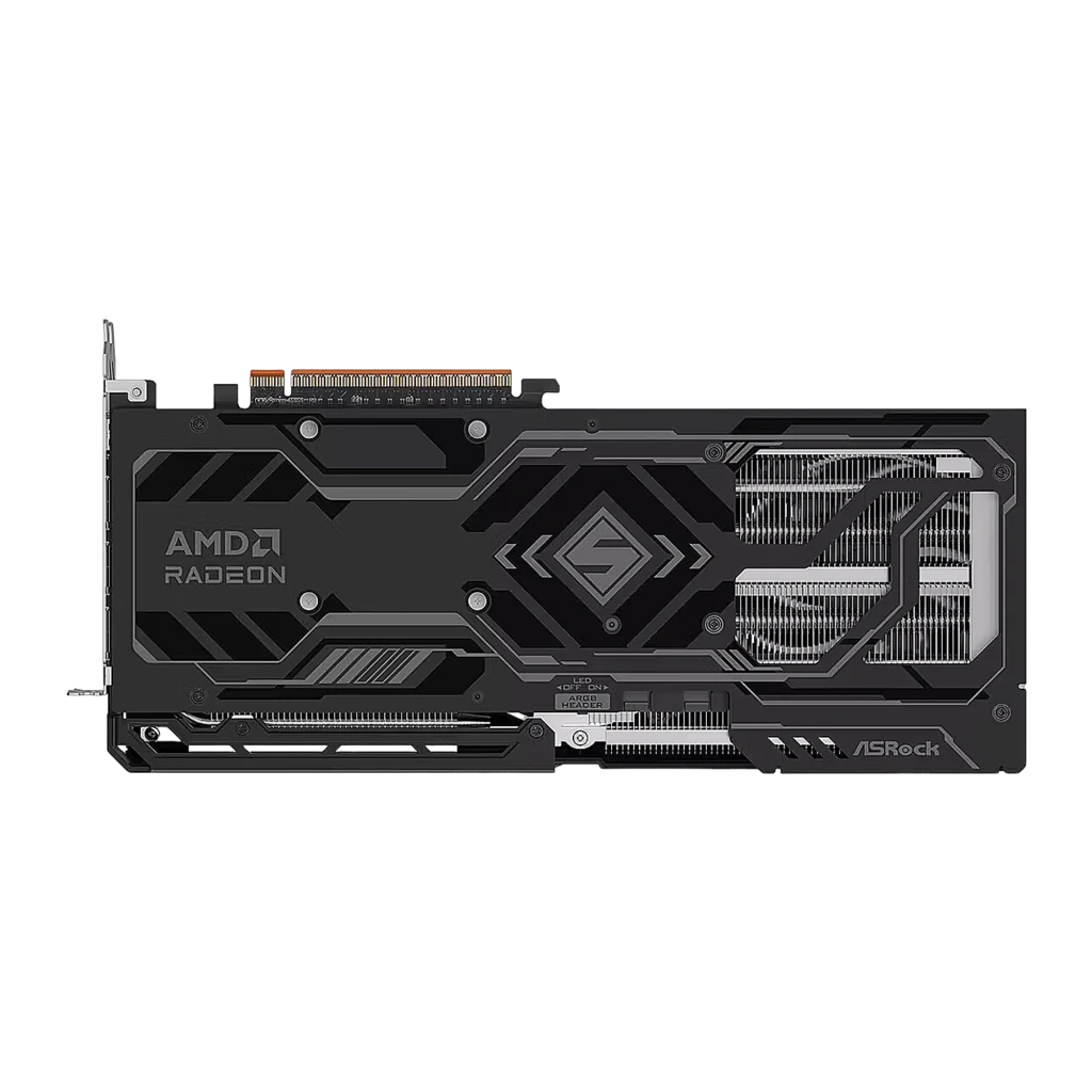 ASRock Radeon RX 9070 GRE Steel Legend OC 12GB, vista frontal en ángulo: tres ventiladores, iluminación RGB verde en shroud - Ítem1