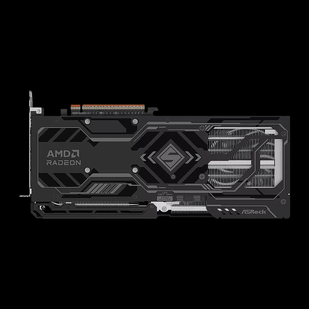 ASRock Radeon RX 9070 GRE Steel Legend OC 12GB, vista trasera: backplate negro con logo AMD Radeon y diseño geométrico